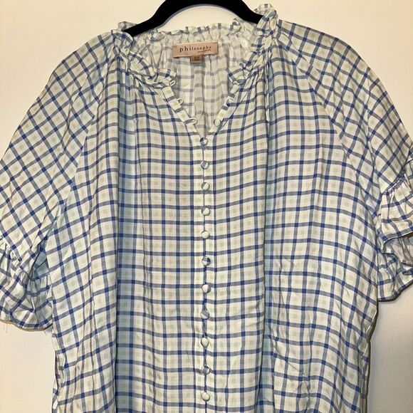 Philosophy Button Down Ruffle Sleeve White Blue Green Plaid Blouse Medium EUC - Picture 3 of 12